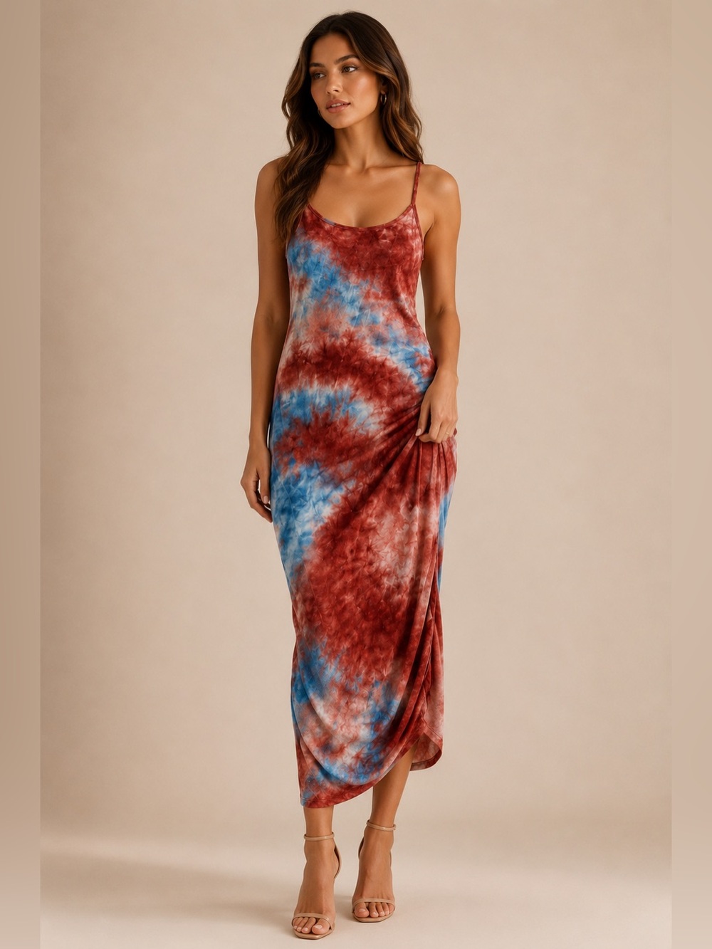 Tie-Dye Spaghetti Strap Maxi Dress - Blue & Rust